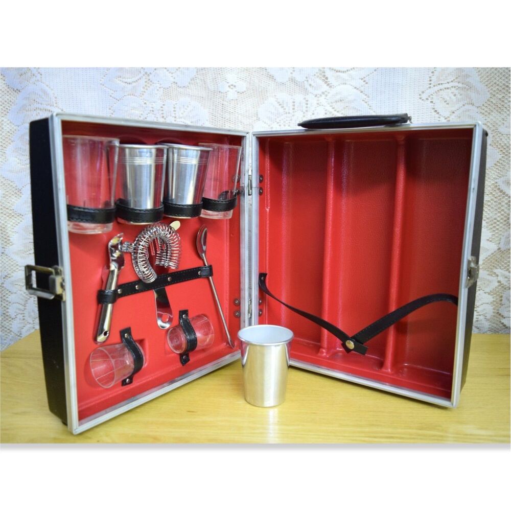 MCM 1960s Travel Bar Hard Shelled Case Bartenders Kit Cups Made in Japan Vintage